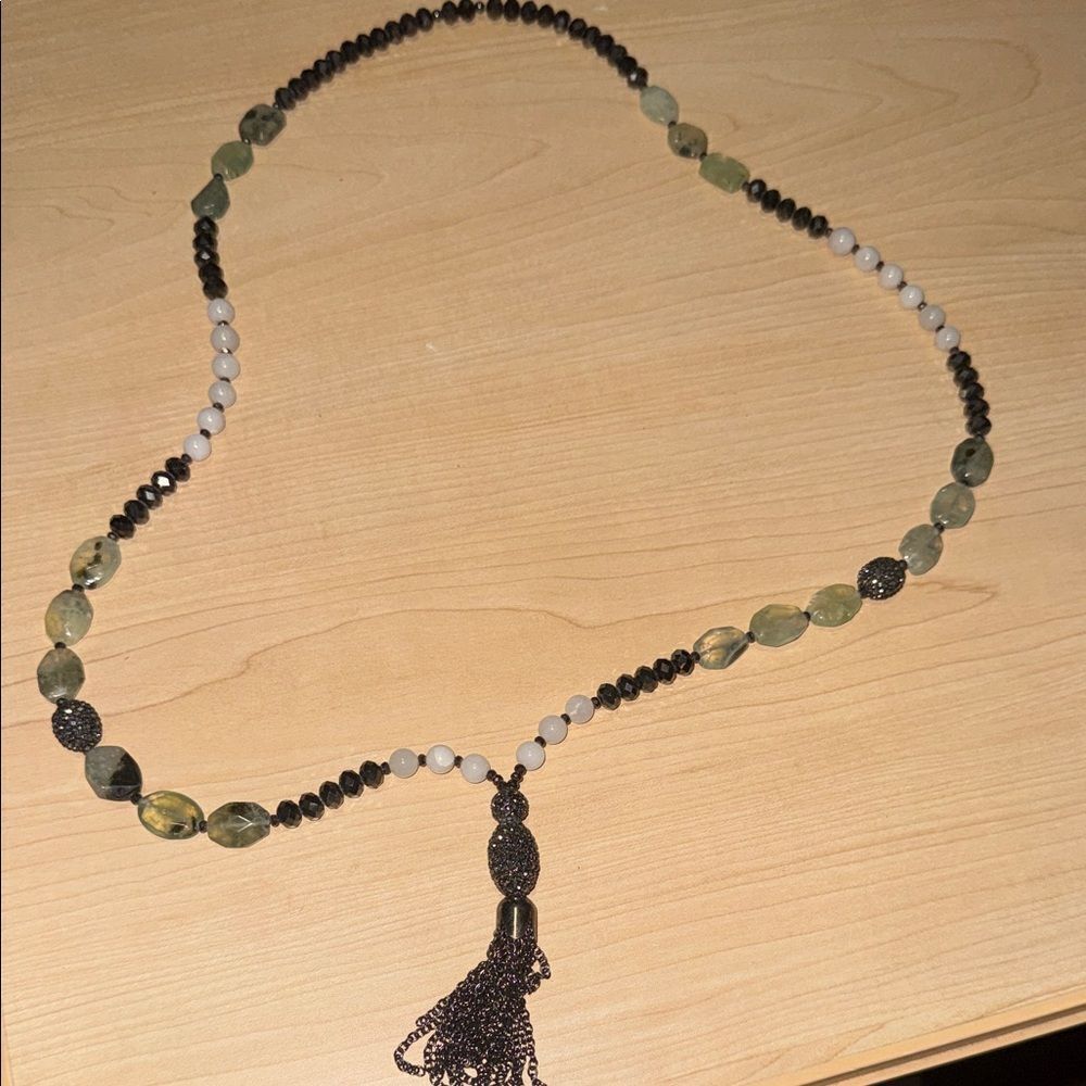VINTAGE Long Beaded Stone Necklace Chain Tassle Rhinestone Necklace Drop NEW